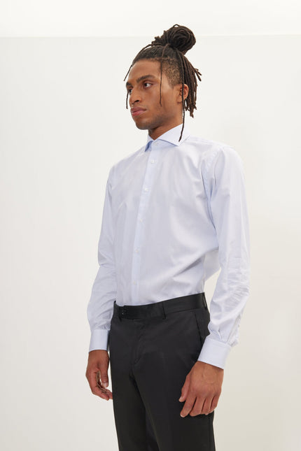 Men's Cotton Spread Collar Dress Shirt - White Dark Blue Striped | Ron Tomson