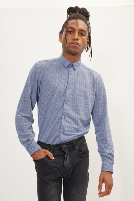 Men's Jacquard Button-Down Dress Shirt - Navy White | Ron Tomson