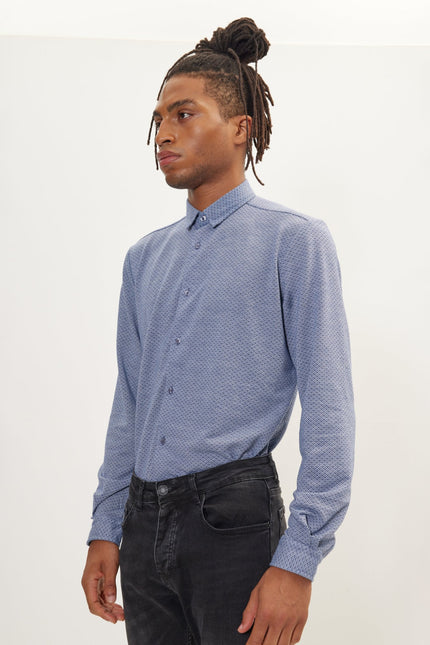 Men's Jacquard Button-Down Dress Shirt - Navy White | Ron Tomson