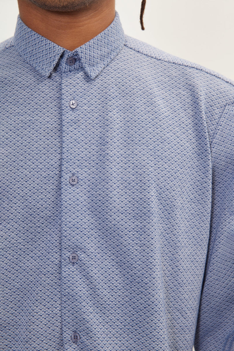 Men's Jacquard Button-Down Dress Shirt - Navy White | Ron Tomson