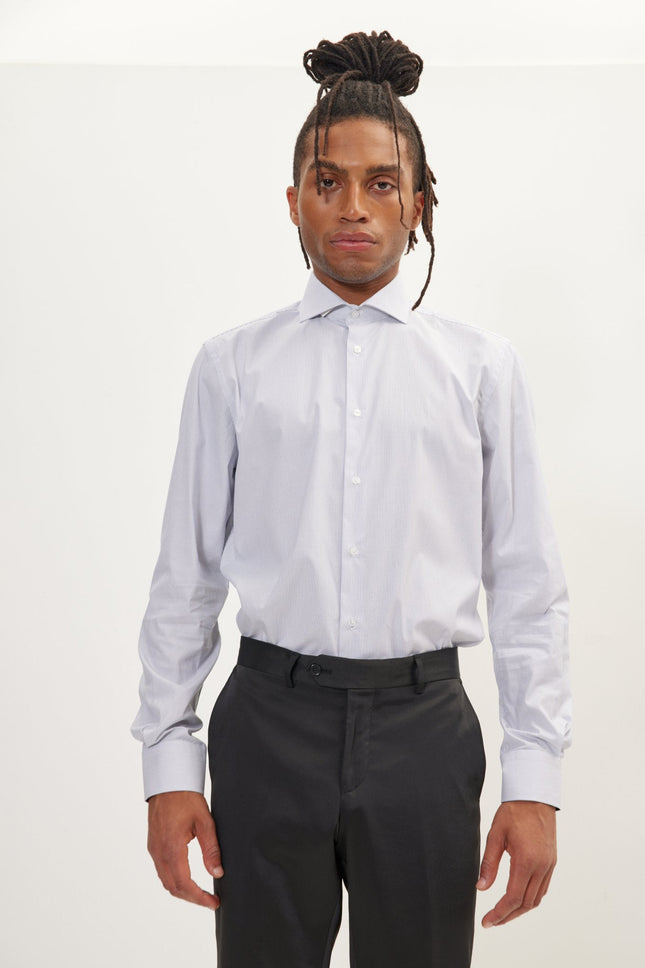 Men's Cotton Spread Collar Dress Shirt - White Navy Striped | Ron Tomson