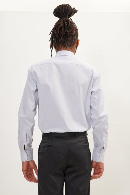 Men's Cotton Spread Collar Dress Shirt - White Navy Striped | Ron Tomson