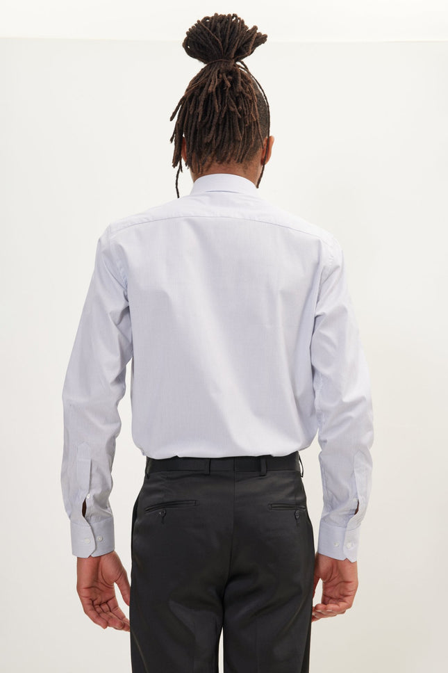 Men's Cotton Spread Collar Dress Shirt - White Navy Striped | Ron Tomson