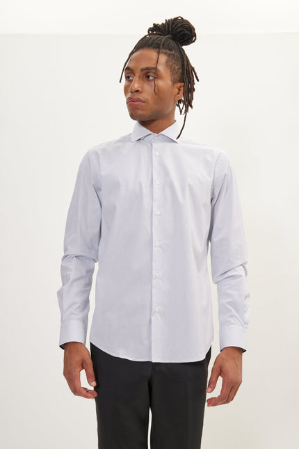 Men's Cotton Spread Collar Dress Shirt - White Navy Striped | Ron Tomson