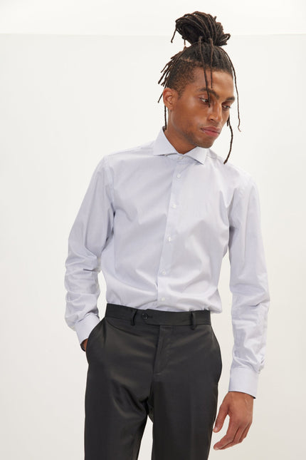 Men's Cotton Spread Collar Dress Shirt - White Navy Striped | Ron Tomson