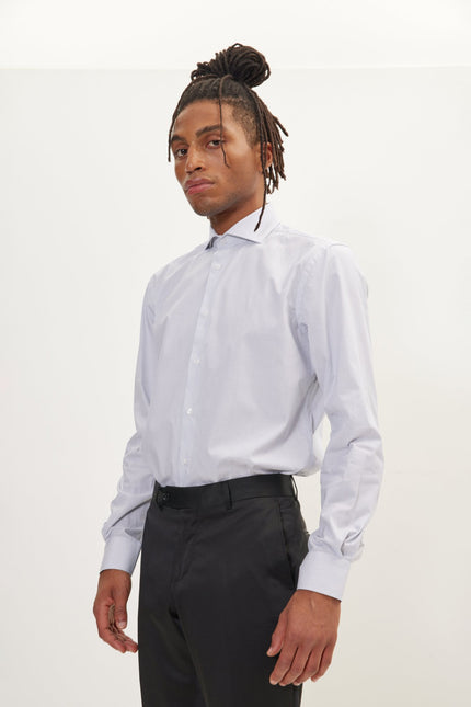 Men's Cotton Spread Collar Dress Shirt - White Navy Striped | Ron Tomson
