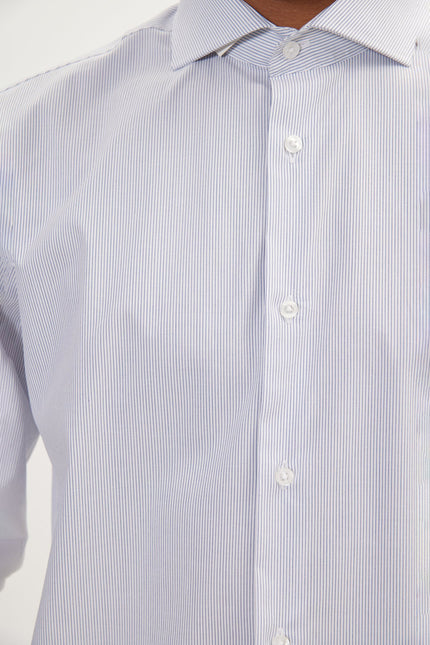 Men's Cotton Spread Collar Dress Shirt - White Navy Striped | Ron Tomson