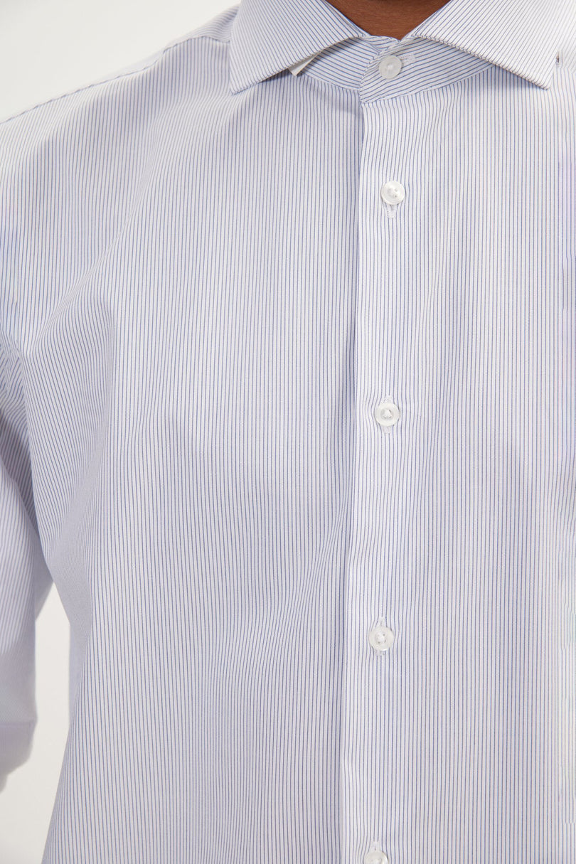 Men's Cotton Spread Collar Dress Shirt - White Navy Striped | Ron Tomson