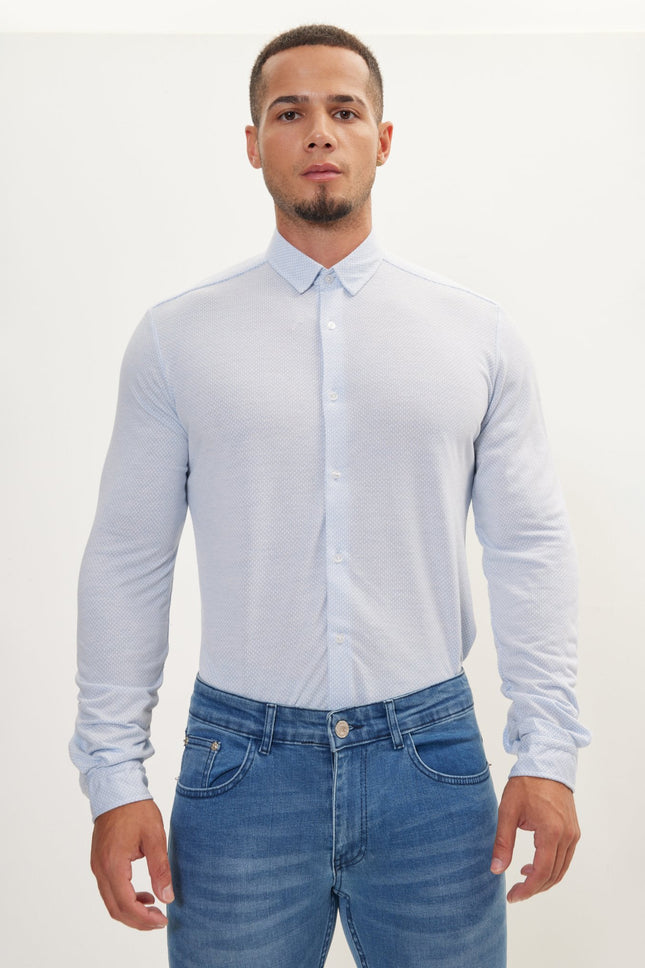 Men's Cotton Satin Travel Shirt - Light Blue & White | Ron Tomson