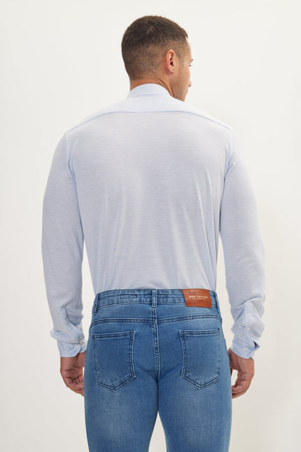 Men's Cotton Satin Travel Shirt - Light Blue & White | Ron Tomson