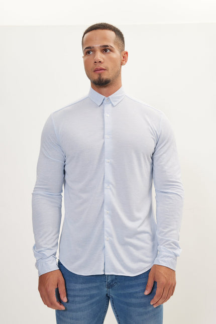 Men's Cotton Satin Travel Shirt - Light Blue & White | Ron Tomson