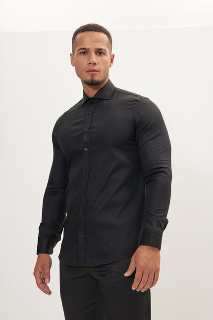 Men's Spread Collar Dress Shirt - Black | Ron Tomson