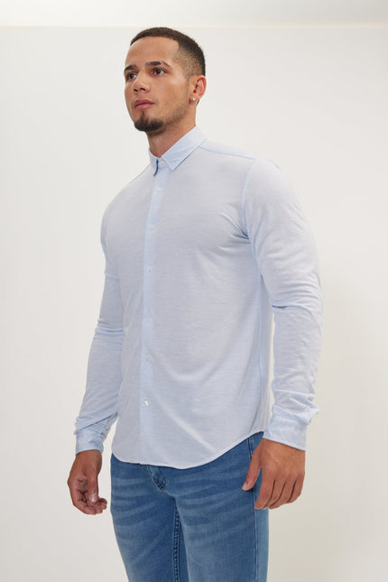 Men's Cotton Satin Travel Shirt - Light Blue & White | Ron Tomson