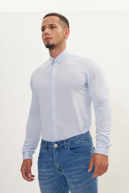 Men's Cotton Satin Travel Shirt - Light Blue & White | Ron Tomson