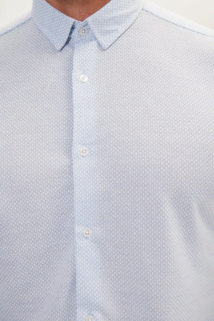 Men's Cotton Satin Travel Shirt - Light Blue & White | Ron Tomson