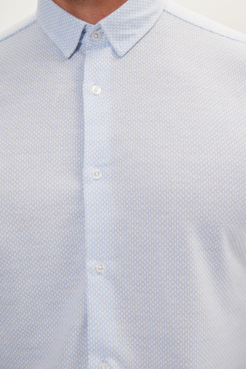 Men's Cotton Satin Travel Shirt - Light Blue & White | Ron Tomson