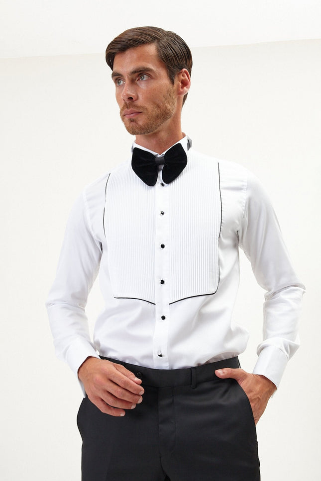 Men's Pleated Wing Collar Tuxedo Shirt - White Black | Ron Tomson