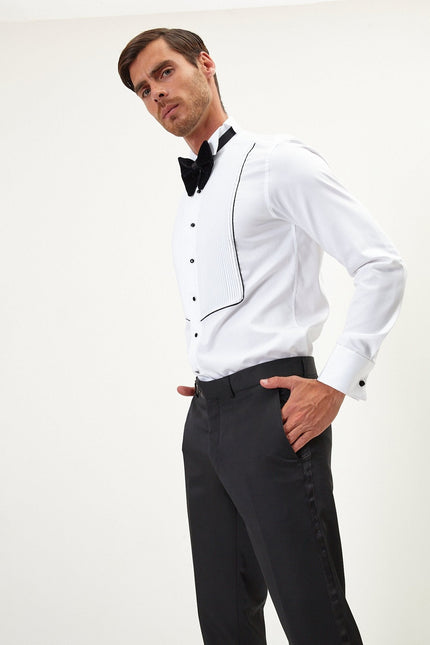 Men's Pleated Wing Collar Tuxedo Shirt - White Black | Ron Tomson