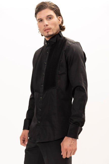 Men's Pleated Wing Collar Tuxedo Shirt - Black | Ron Tomson