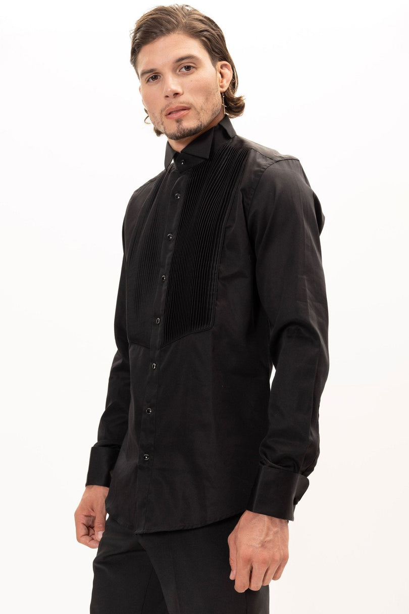 Men's Pleated Wing Collar Tuxedo Shirt - Black | Ron Tomson