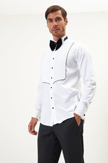 Men's Pleated Wing Collar Tuxedo Shirt - White Black | Ron Tomson