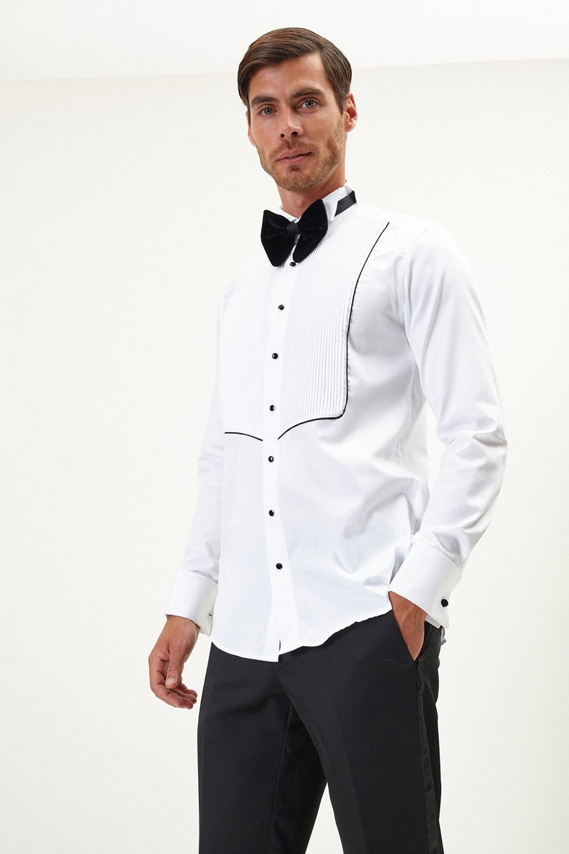 Men's Pleated Wing Collar Tuxedo Shirt - White Black | Ron Tomson