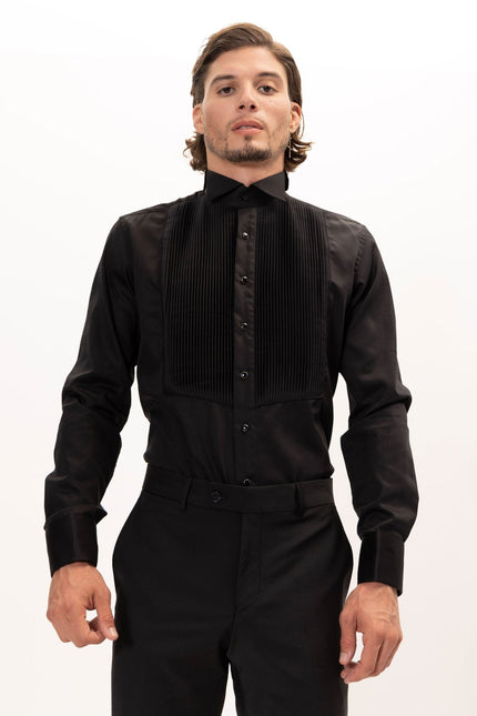 Men's Pleated Wing Collar Tuxedo Shirt - Black | Ron Tomson