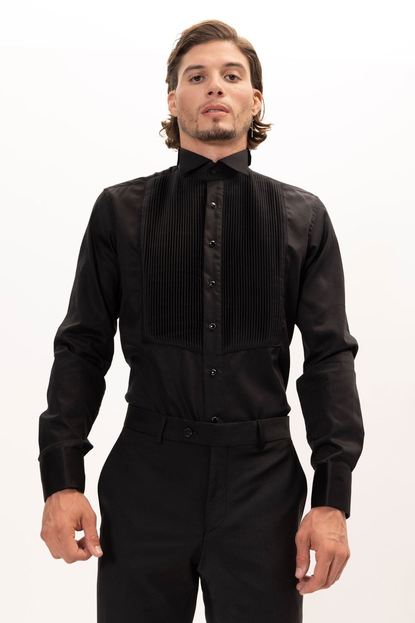 wing collar dress shirt Men's Pleated Wing Collar Tuxedo Shirt - Black