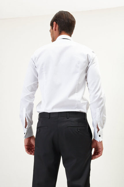 Men's Pleated Wing Collar Tuxedo Shirt - White Black | Ron Tomson