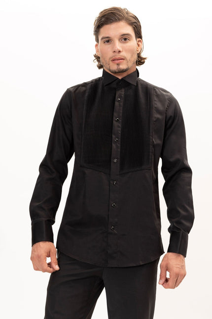 Men's Pleated Wing Collar Tuxedo Shirt - Black | Ron Tomson
