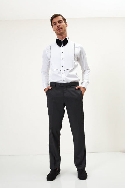 Men's Pleated Wing Collar Tuxedo Shirt - White Black | Ron Tomson