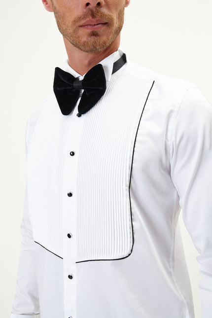 Men's Pleated Wing Collar Tuxedo Shirt - White Black | Ron Tomson