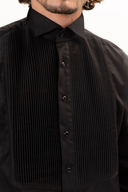 Men's Pleated Wing Collar Tuxedo Shirt - Black | Ron Tomson