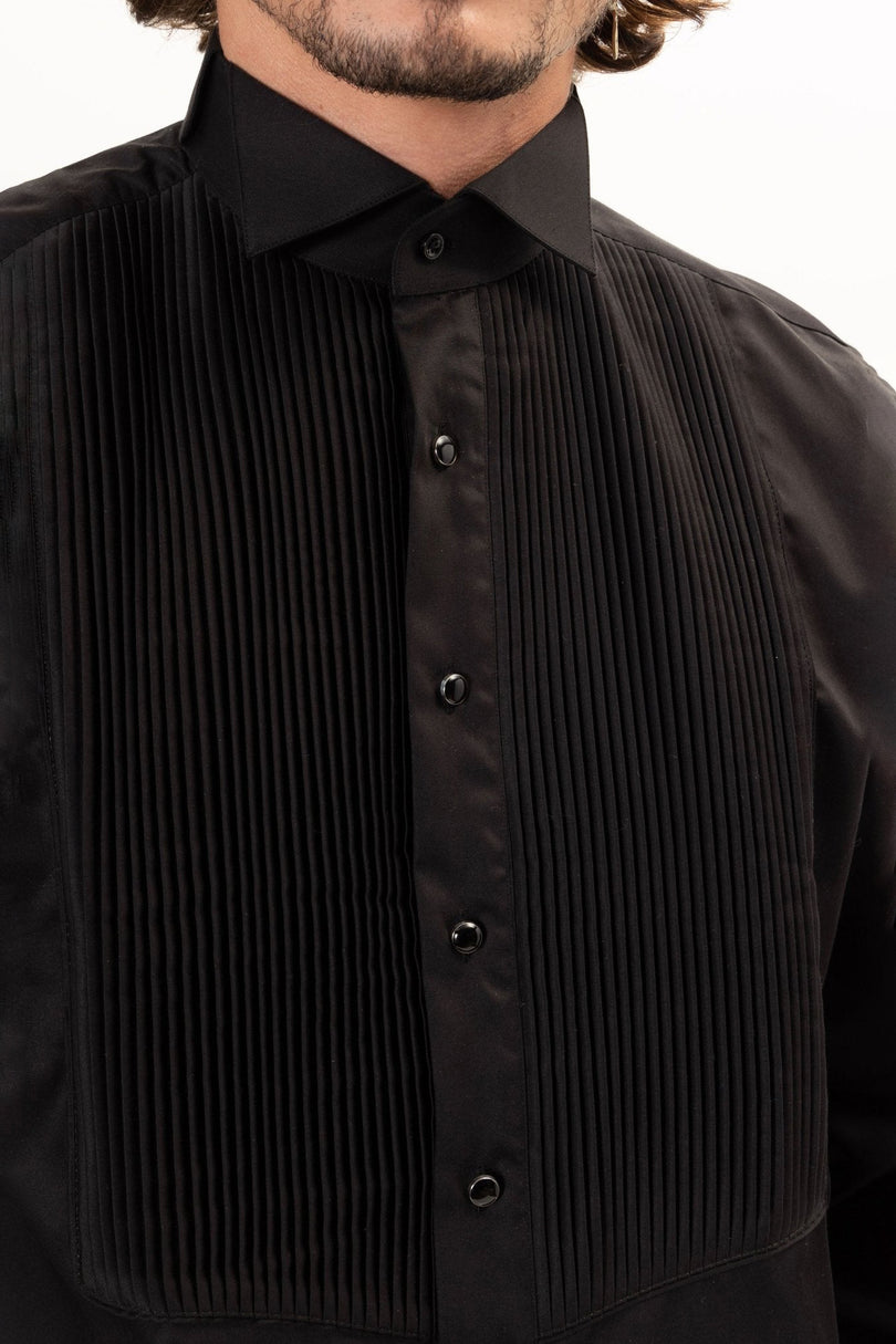 Men's Pleated Wing Collar Tuxedo Shirt - Black | Ron Tomson