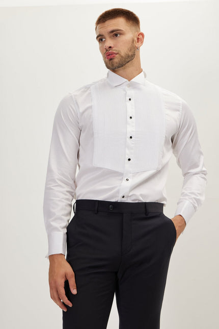 Men's Pleated Wing Collar Tuxedo Shirt - White | Ron Tomson