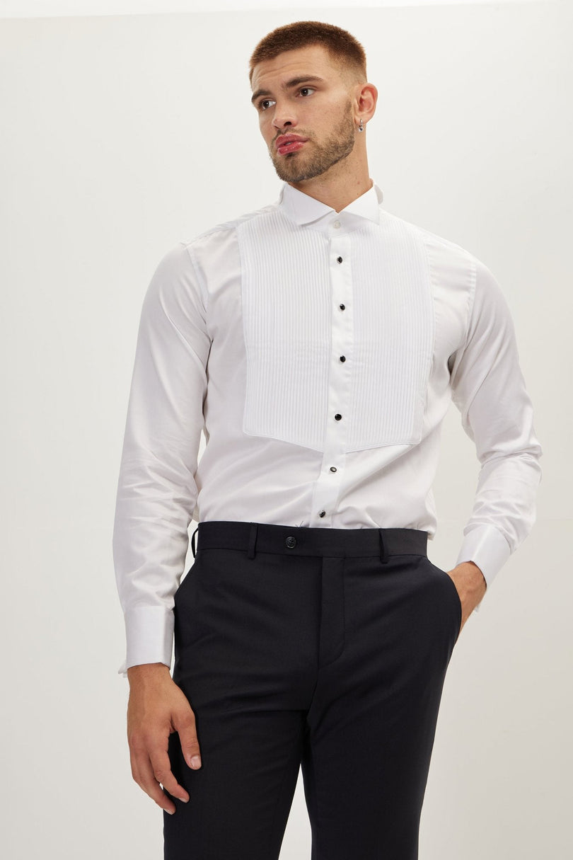 Men's Pleated Wing Collar Tuxedo Shirt - White | Ron Tomson
