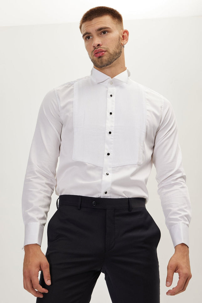 Men's Pleated Wing Collar Tuxedo Shirt - White | Ron Tomson