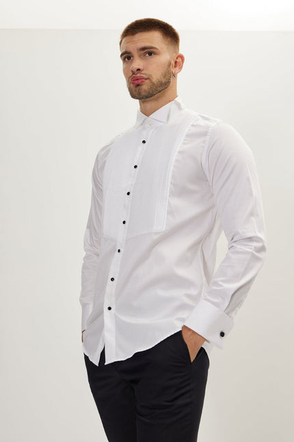 Men's Pleated Wing Collar Tuxedo Shirt - White | Ron Tomson