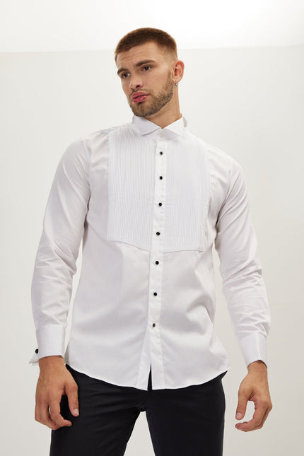 Men's Pleated Wing Collar Tuxedo Shirt - White | Ron Tomson