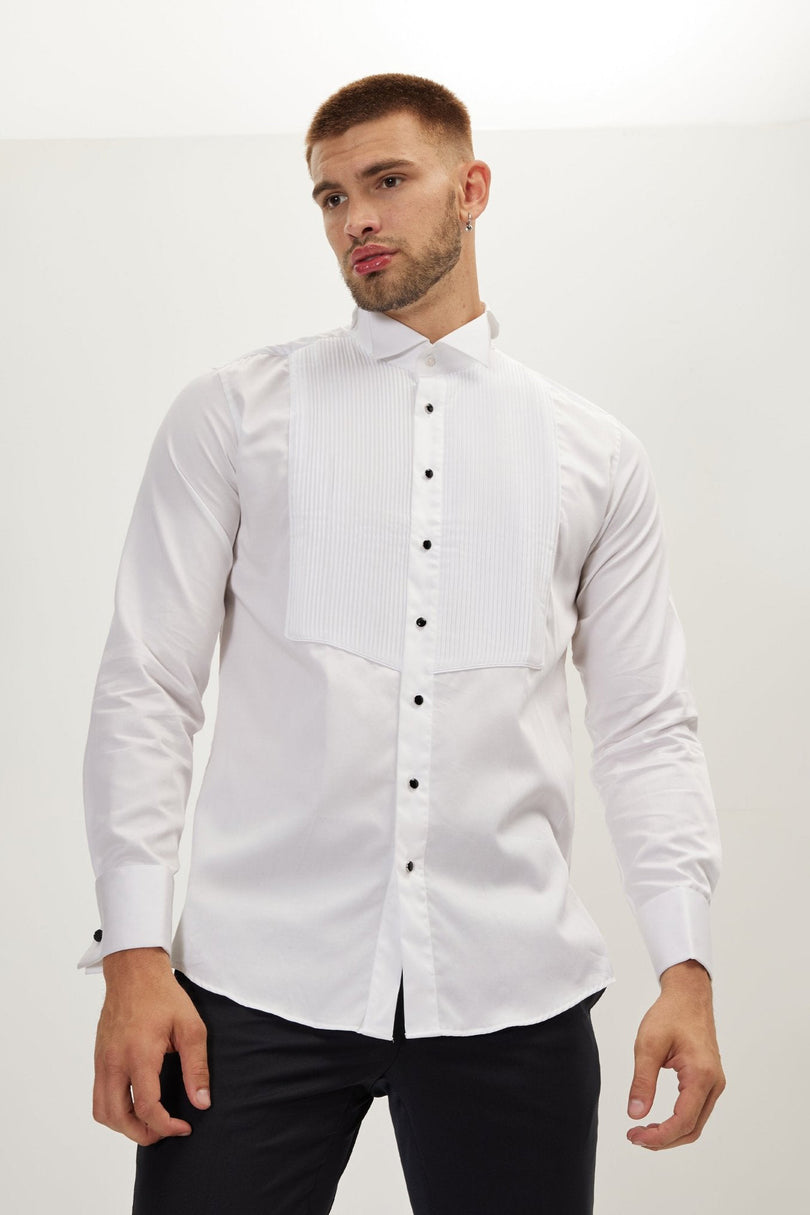 Men's Pleated Wing Collar Tuxedo Shirt - White | Ron Tomson