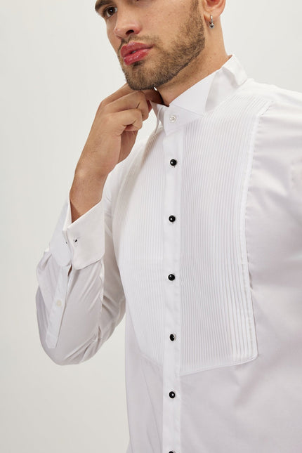 Men's Pleated Wing Collar Tuxedo Shirt - White | Ron Tomson