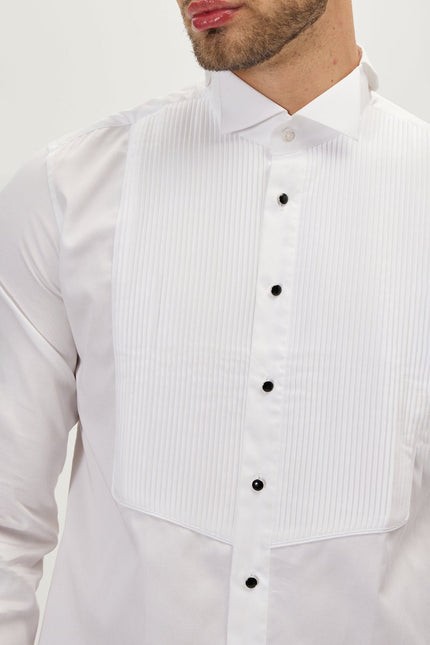 Men's Pleated Wing Collar Tuxedo Shirt - White | Ron Tomson