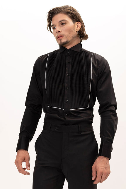 Men's Pleated Wing Collar Tuxedo Shirt - Black White | Ron Tomson