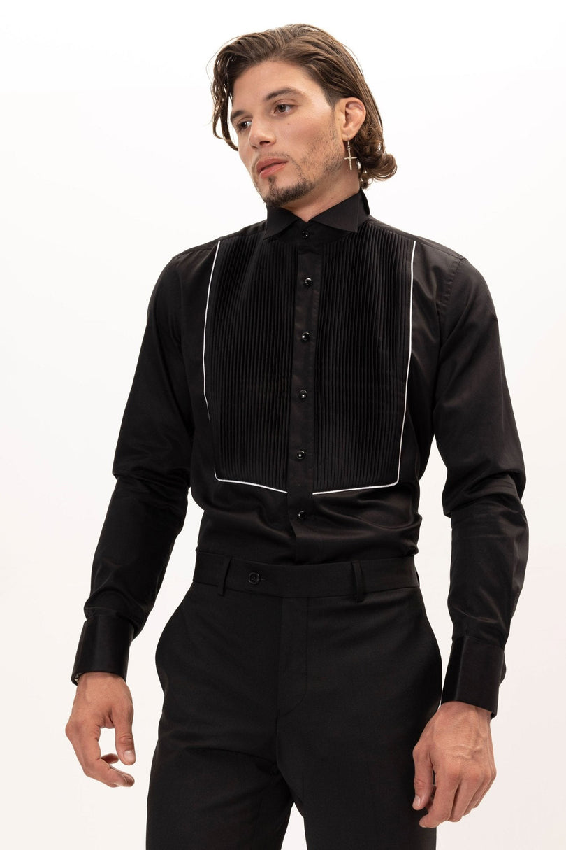 Men's Pleated Wing Collar Tuxedo Shirt - Black White | Ron Tomson