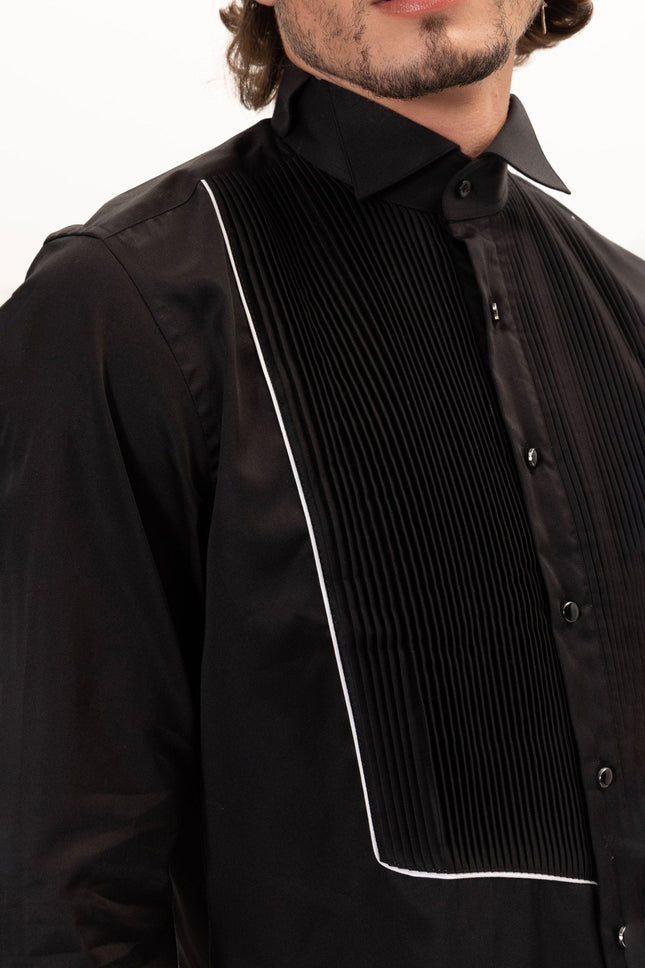 Men's Pleated Wing Collar Tuxedo Shirt - Black White | Ron Tomson