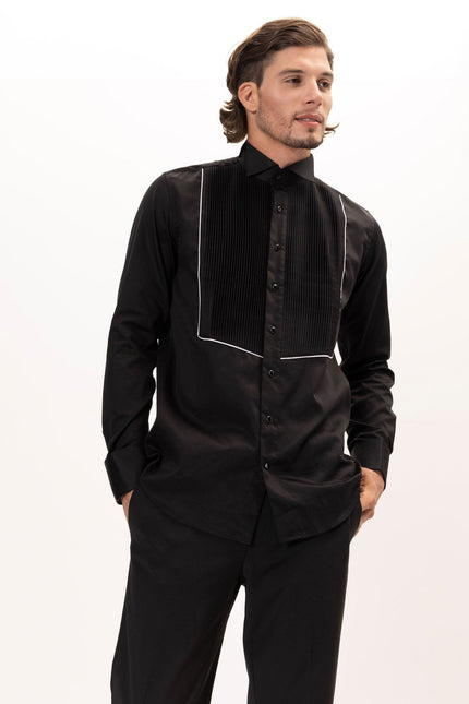 Men's Pleated Wing Collar Tuxedo Shirt - Black White | Ron Tomson