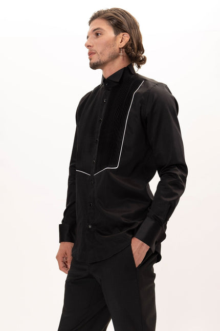 Men's Pleated Wing Collar Tuxedo Shirt - Black White | Ron Tomson