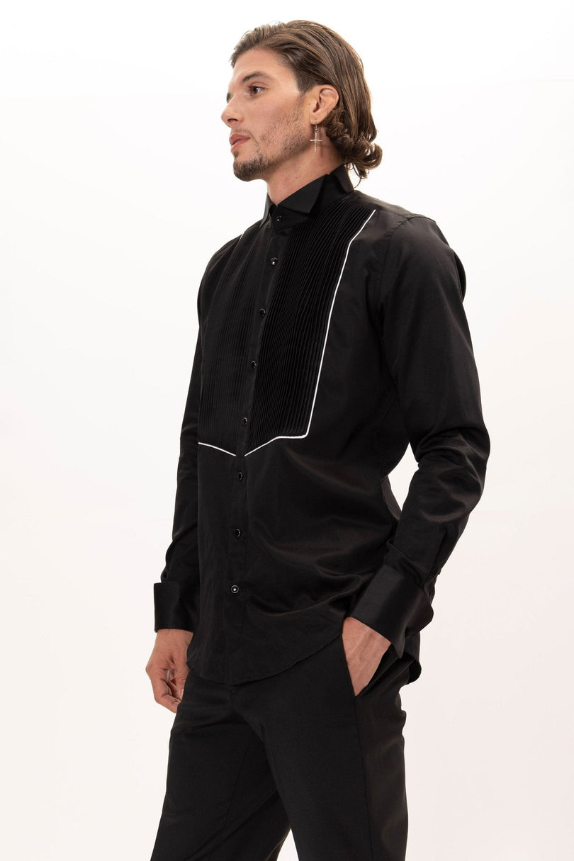 Men's Pleated Wing Collar Tuxedo Shirt - Black White | Ron Tomson