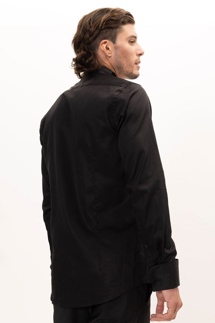 Men's Pleated Wing Collar Tuxedo Shirt - Black White | Ron Tomson