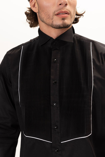 Men's Pleated Wing Collar Tuxedo Shirt - Black White | Ron Tomson